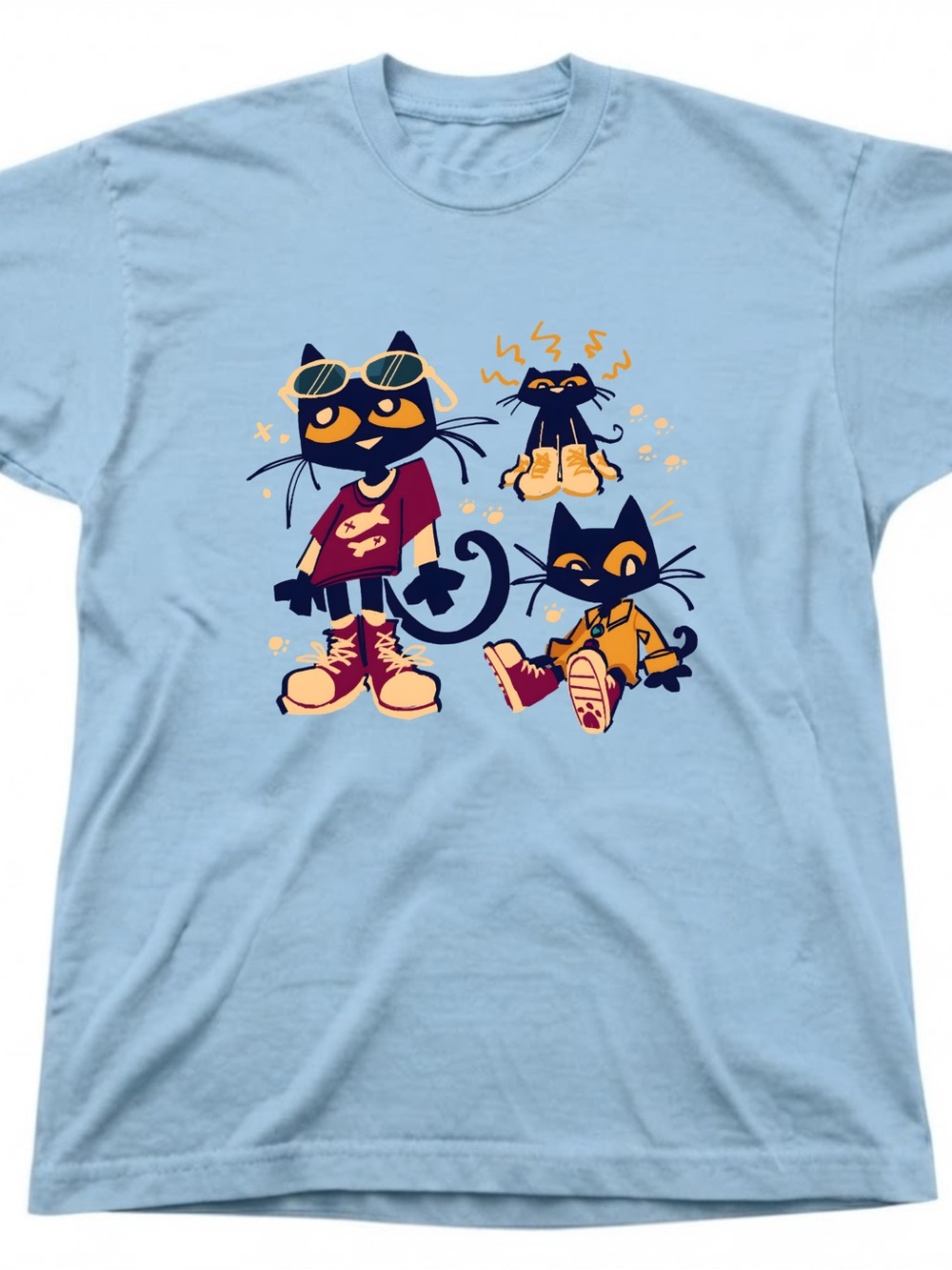 Light Blue Cat Graphic Tee with Navy & Orange Cartoon Cats